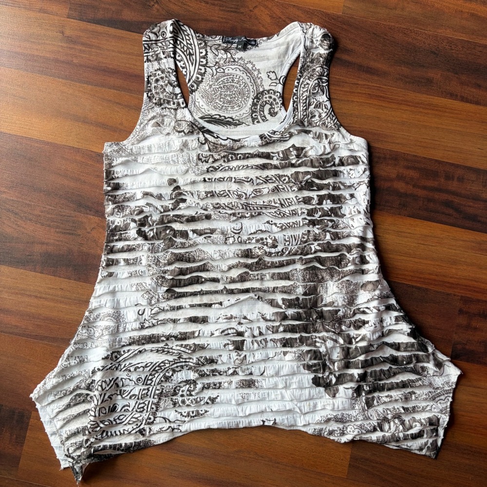 Y2K Boho MySpace Scene Paisley Ruffle Sharkbite Tank Top Black White Racerback M